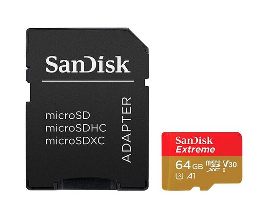 SanDisk Extreme microSDXC 64GB + SD Adapter + Rescue Pro Deluxe 160MB/s A2 C10 V30 UHS-I U3; EAN: 619659169770
