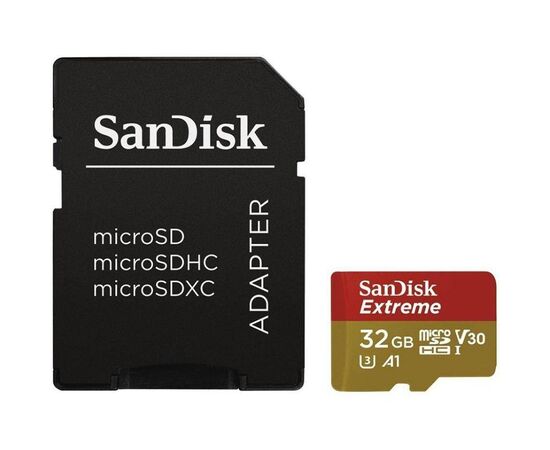 SanDisk Extreme microSDHC 32GB for Action Cams and Drones + SD Adapter - 100MB/s A1 C10 V30 UHS-I U3; EAN:619659155100