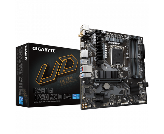 Сист.плата Gigabyte B760M DS3H AX 1.2, B760, 1700, 2xDDR4, PCI-Ex16, 2xPCI-Ex1, 2xM.2, 4xSATA, 2xDP, HDMI, BOX