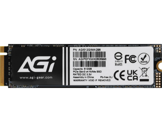 Твердотельный накопитель AGI AI298, 512Gb, 2300Mb/1450Mb, M2 PCIe Gen 3 NVMe, PCIe AGI512GIMAI298-CB